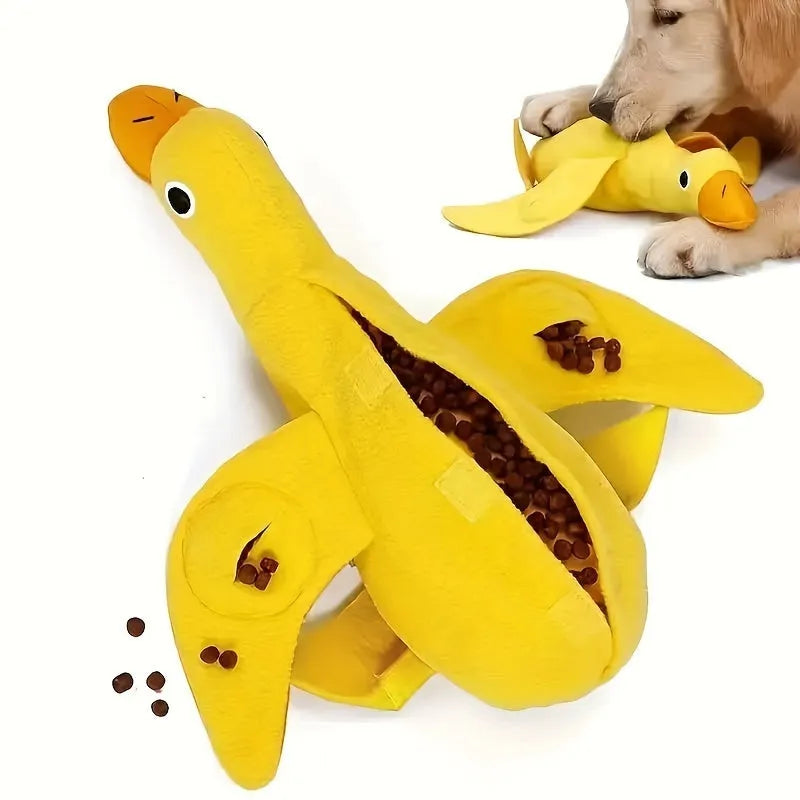 Yellow teddy dog toy with an attached duck doll, showing integrated food leak pockets for treats.