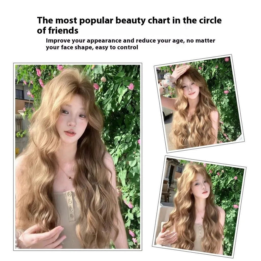 Medium length brown linen curly synthetic wig displayed with included hair net