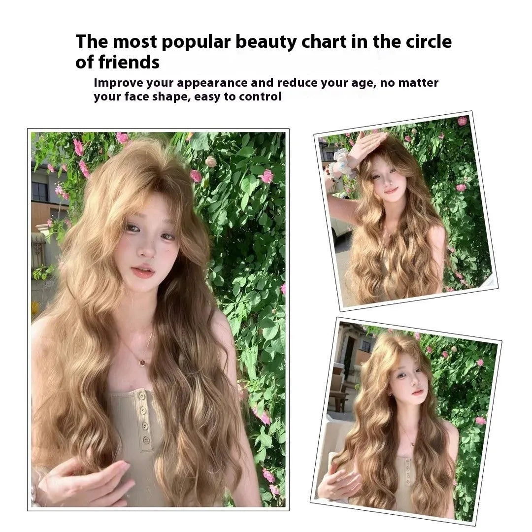 Medium length brown linen curly synthetic wig displayed with included hair net
