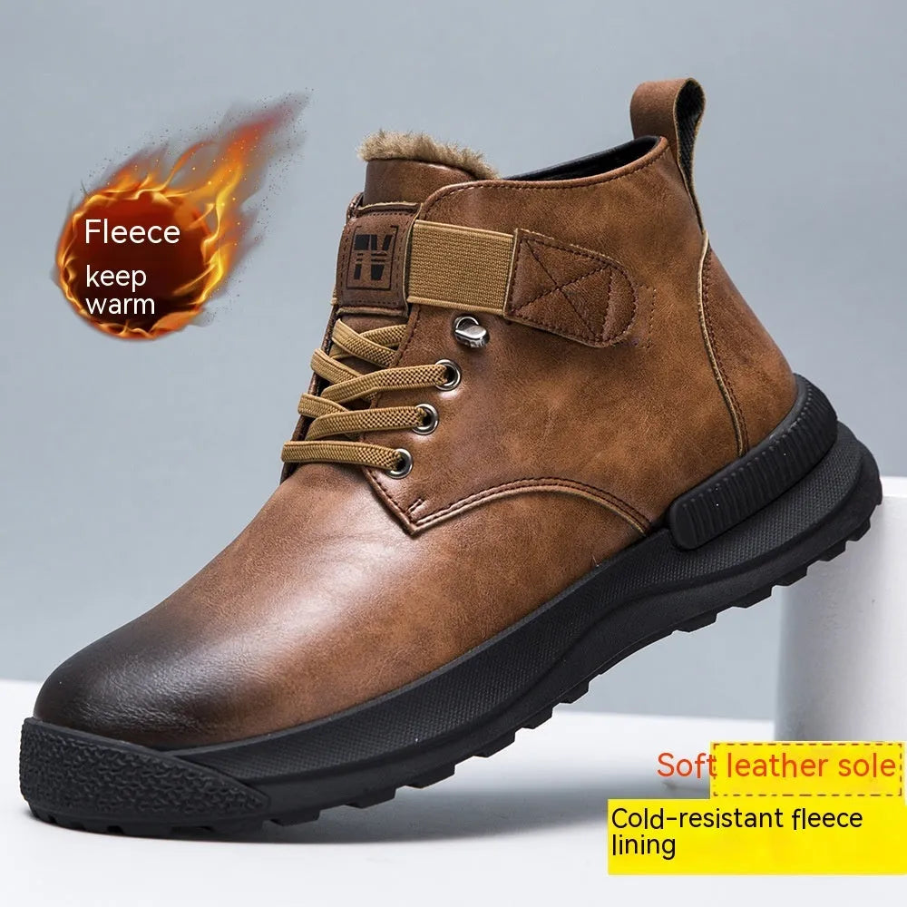 Black and brown Martin boots with high-top platform design and velvet detailing