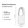 SK white bladeless tower fan with remote control on desktop