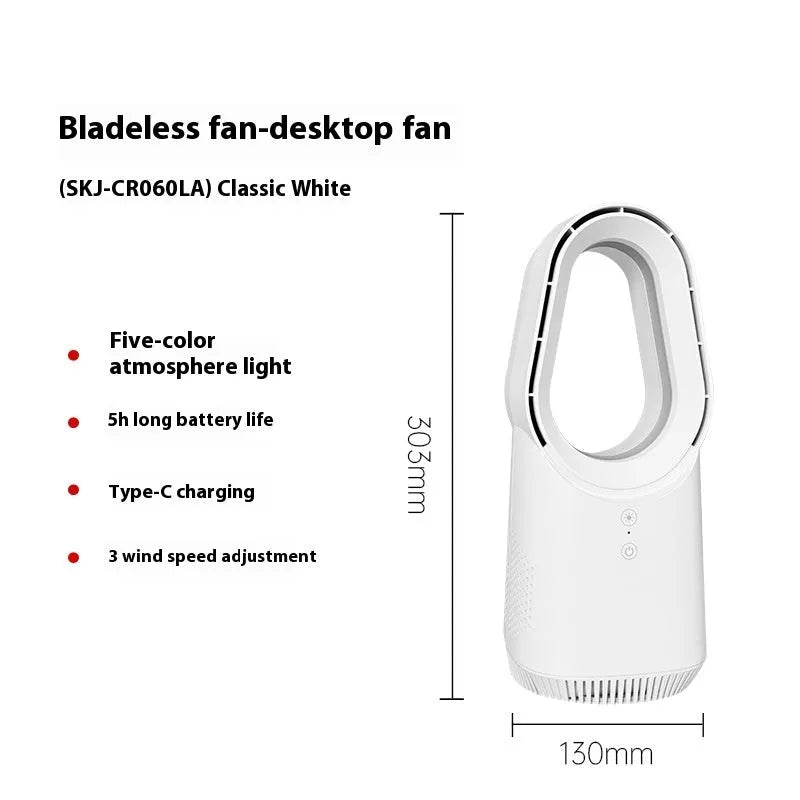 SK white bladeless tower fan with remote control on desktop
