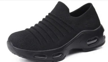 Plus size women's and men's stretch knit sock shoes in dark blue with fly-knit mesh upper.