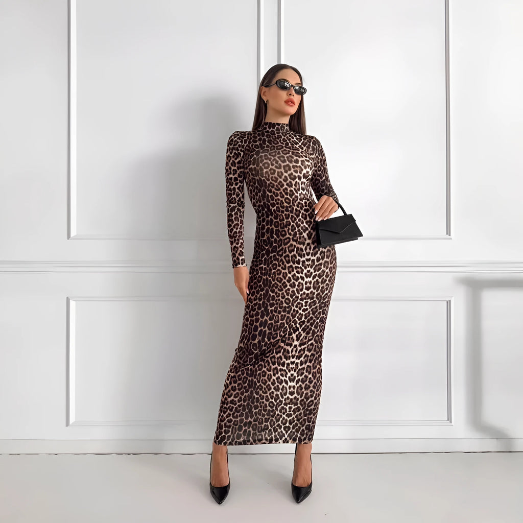 Women's leopard print long dress with a stand collar and long sleeves, showcasing a high waist and hip skirt silhouette.