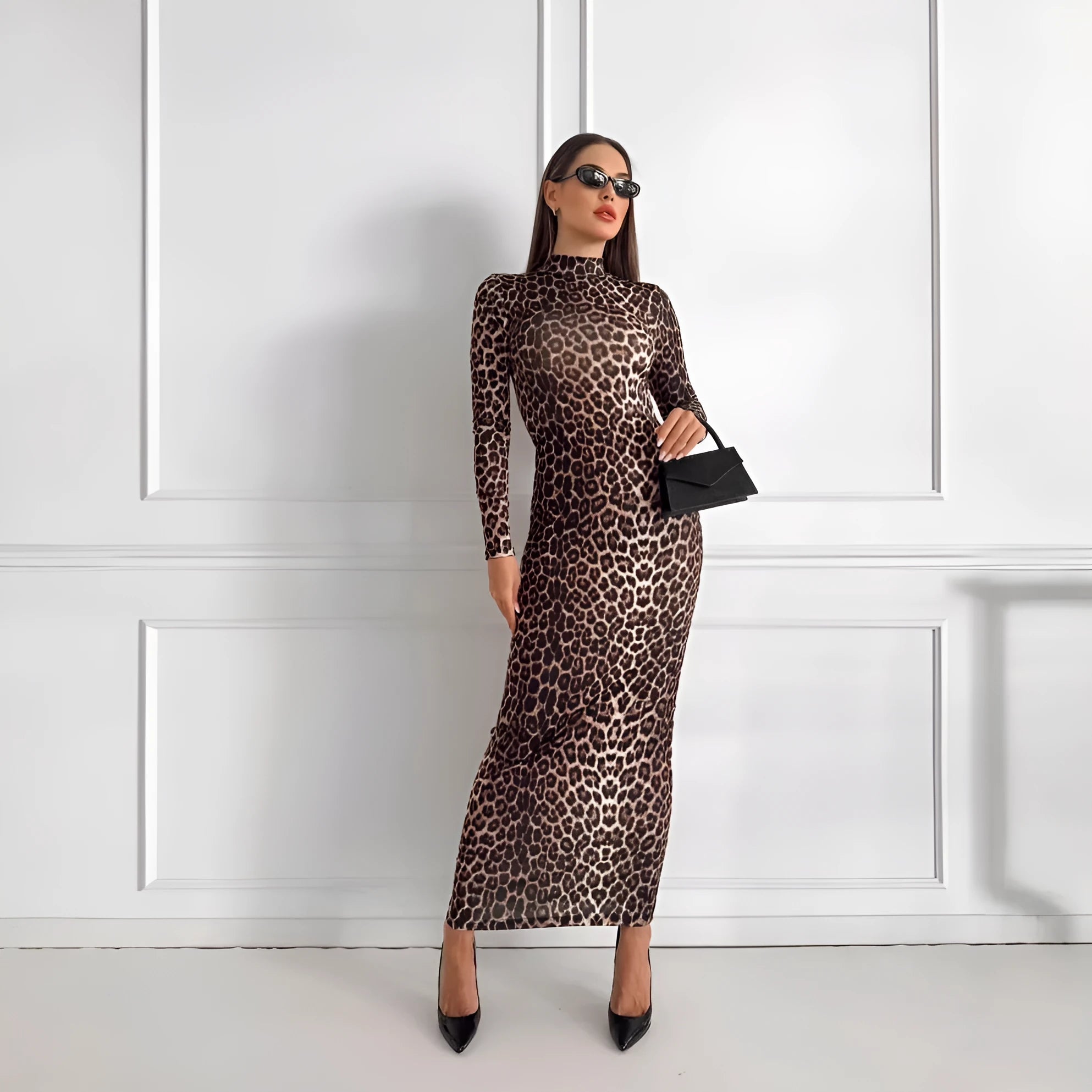 Women's leopard print long dress with a stand collar and long sleeves, showcasing a high waist and hip skirt silhouette.