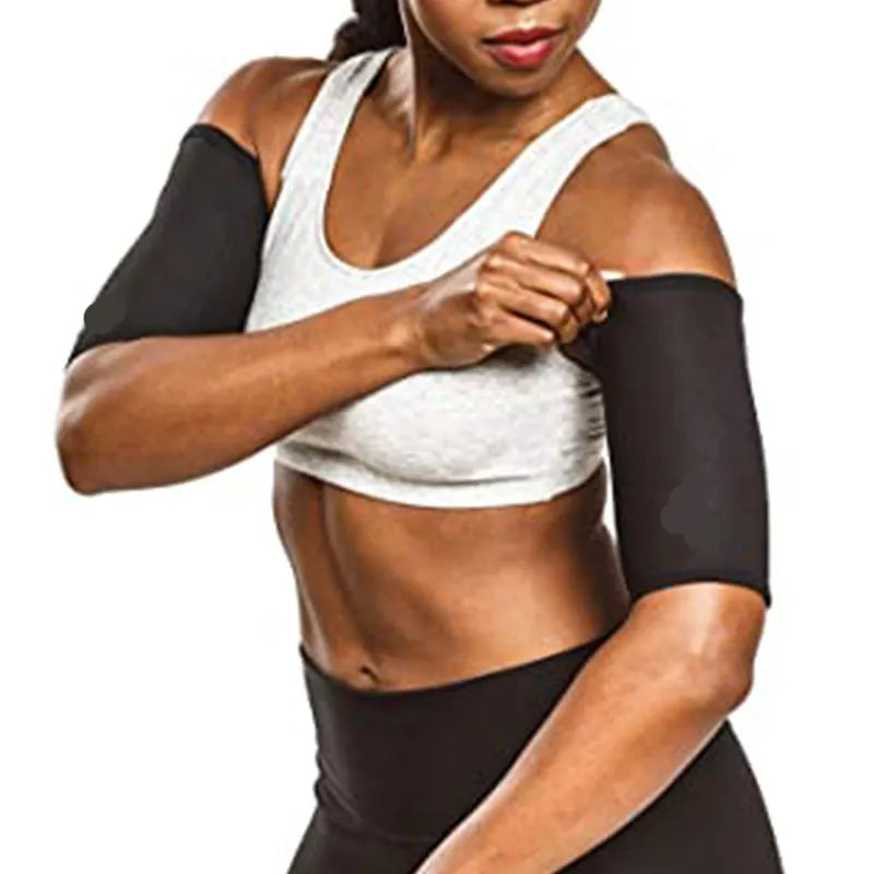 Adjustable sports arm sweatband in multiple colour options including blue, silver, black with red, and black with yellow.