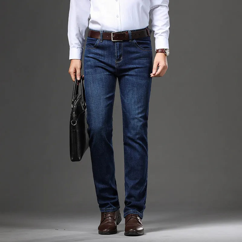 Stretch jeans in straight-leg trousers style showing black and blue denim options with mid-waist design
