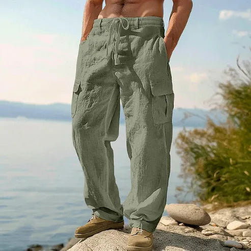 Men's cotton wide-leg trousers in light army green colour with casual mid waist design