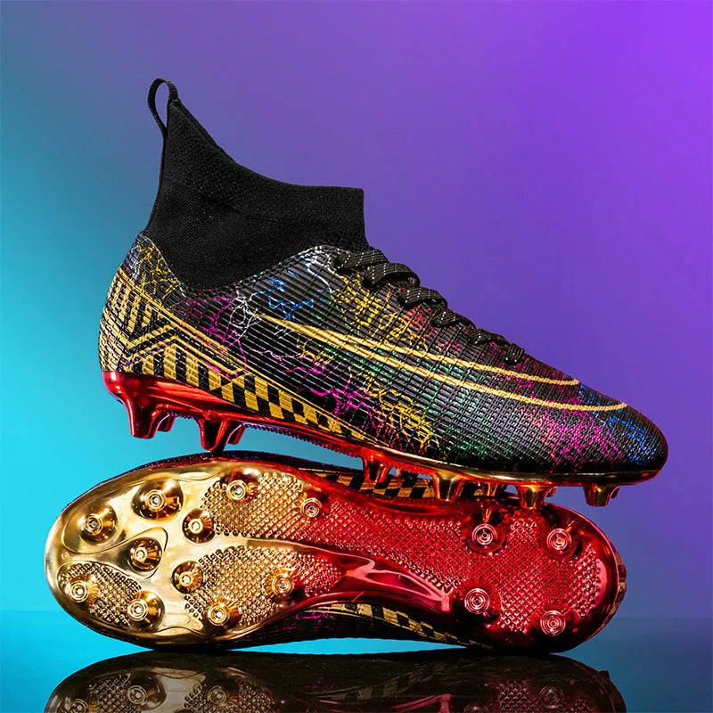 Men's high-top football shoes with gold plated sole in white, black, and mandarin duck colours.