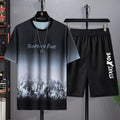 Men's light grey short sleeve top and matching shorts summer suit set on a hanger.