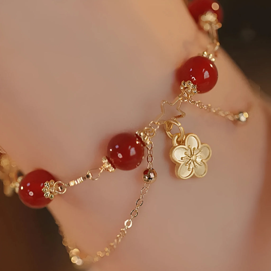 Women's red agate double layer ethnic bracelet with peach blossom floral design