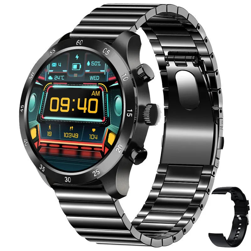Apple iOS smart watch with Bluetooth calling on wrist, showing steel case and health monitoring display.
