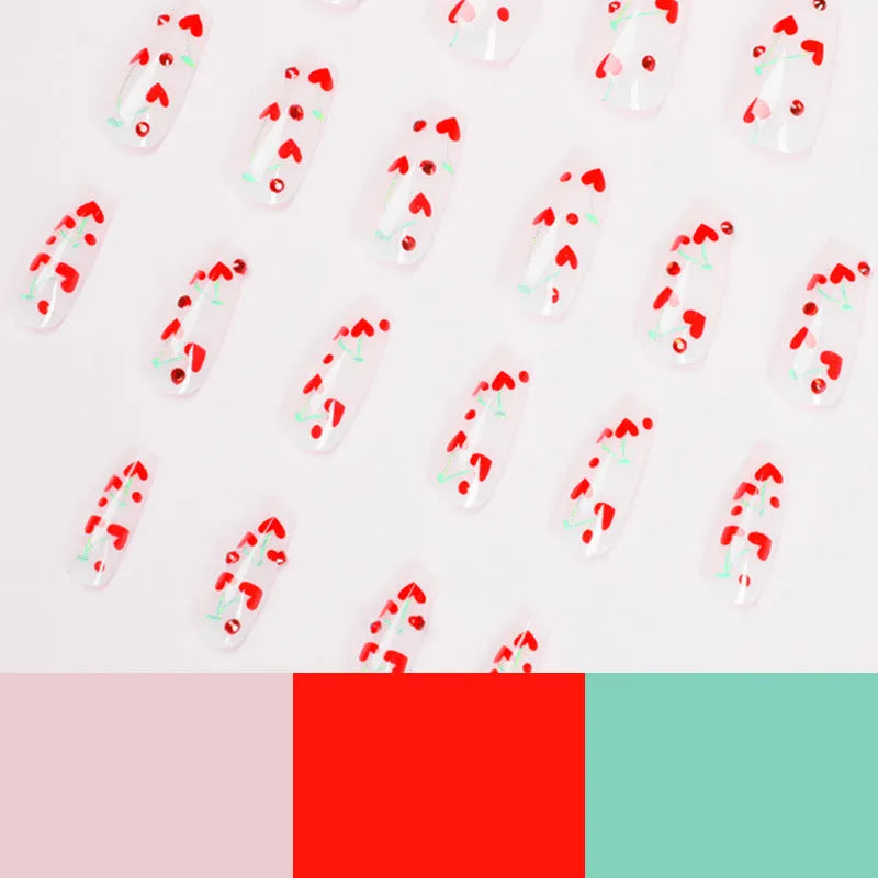French Love nail decoration sheet with red diamond and cherry designs, 24 pieces with glue