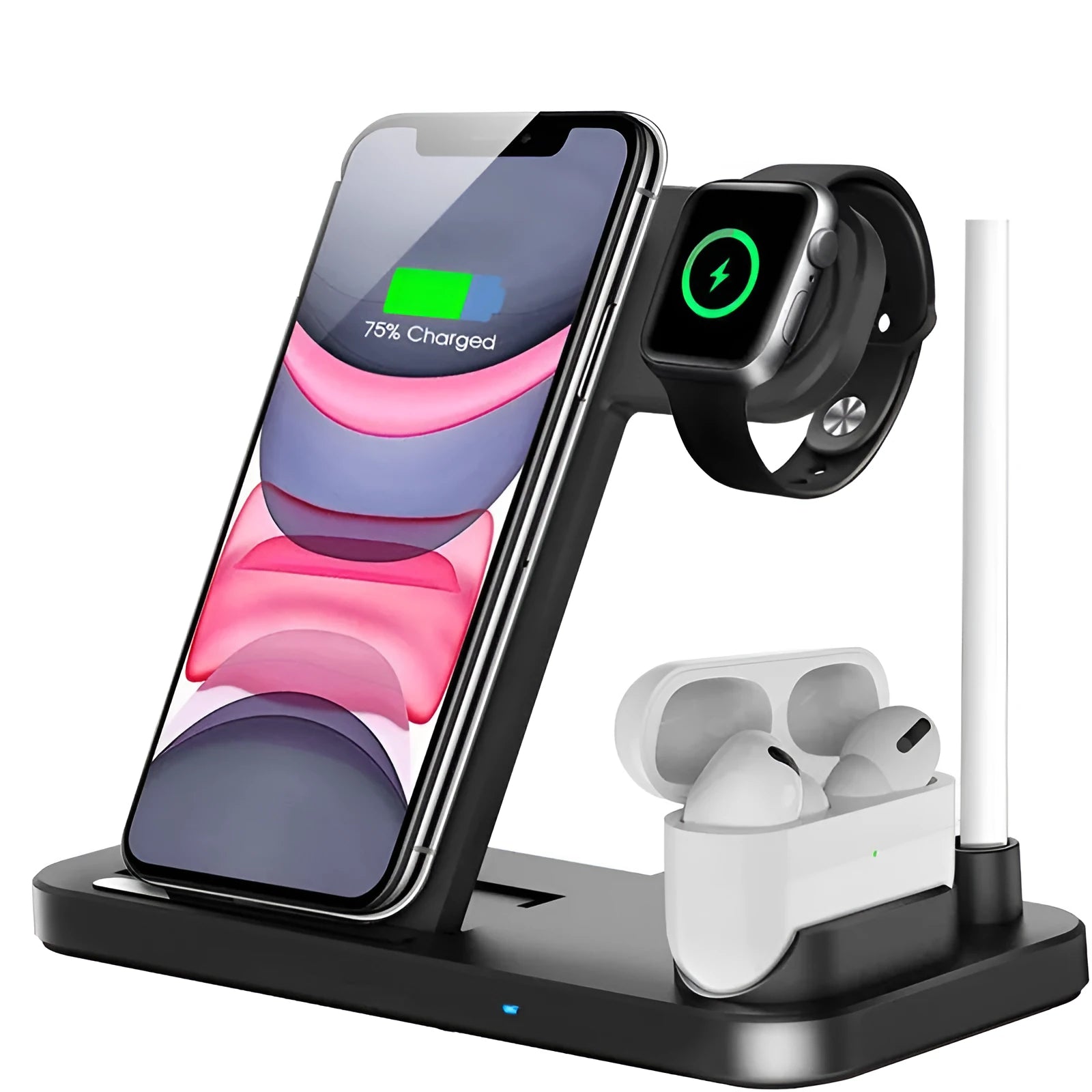 Folding 4-in-1 wireless charging station showing iPhone on vertical stand, Apple Pencil on magnetic spot, and two colour options.