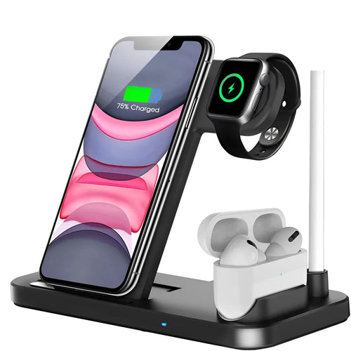 Folding 4-in-1 wireless charging station showing iPhone on vertical stand, Apple Pencil on magnetic spot, and two colour options.