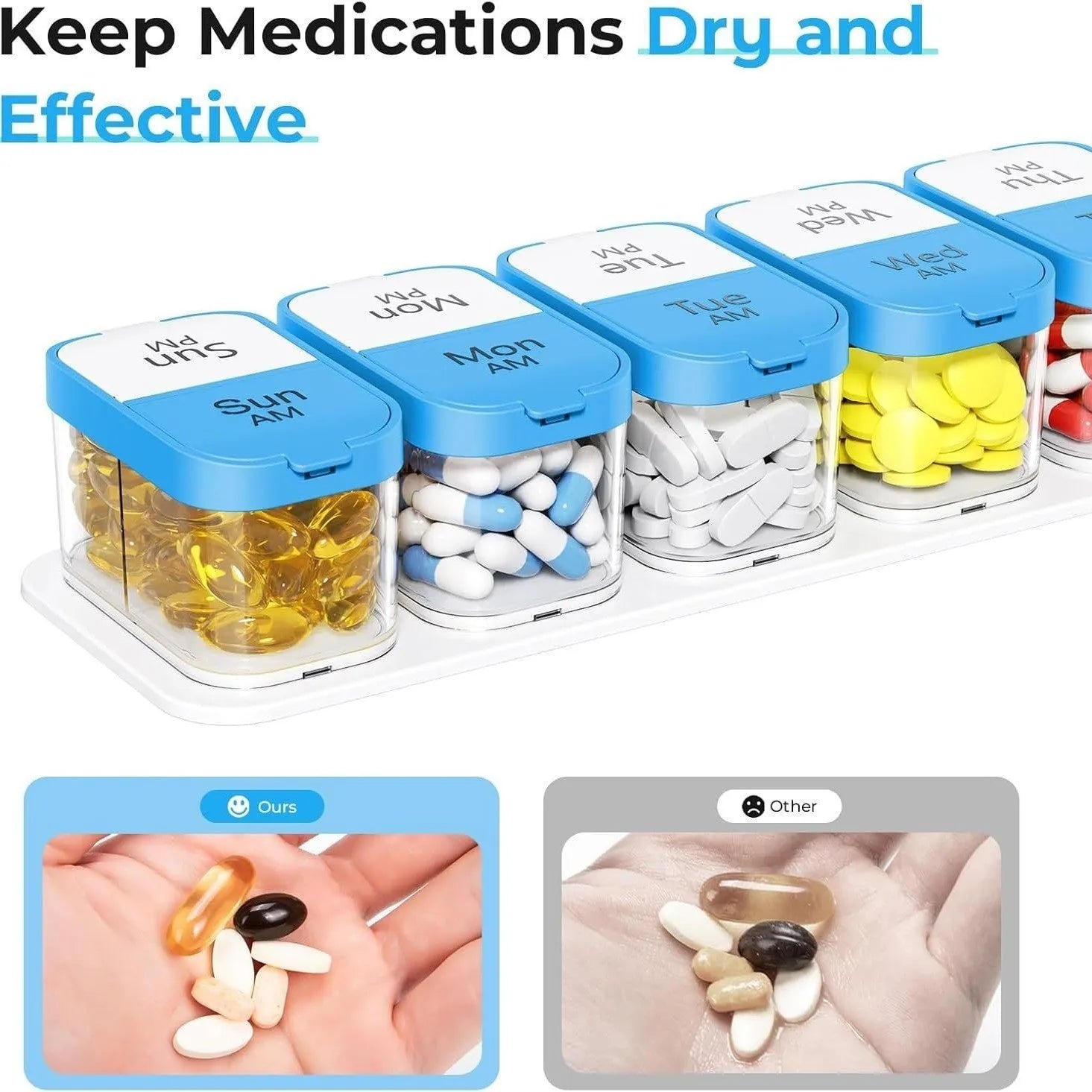 Portable pill box dispenser with 14 removable compartments showing white and rainbow colour options