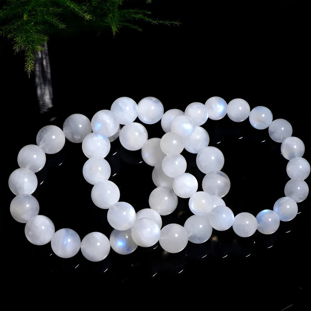 Natural moonstone blue moonlight round bead bracelet with geometric polished beads