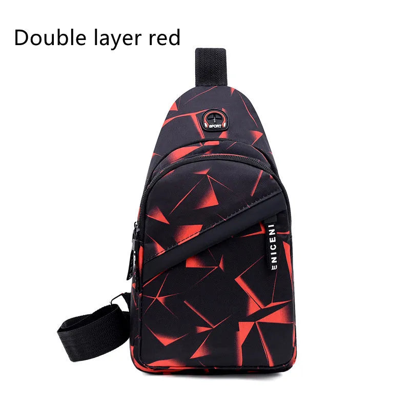 Men's Oxford cloth sling chest bag with earphone hole showing crossbody strap and zipper closure