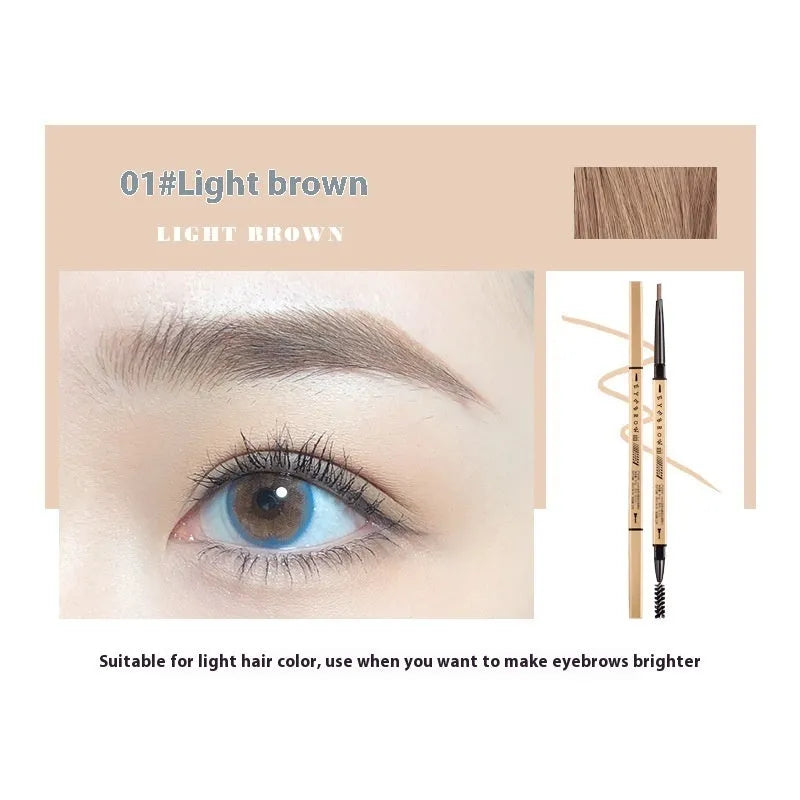 Gold chopsticks design ultra-fine eyebrow pencil in a display of five shades: light brown, kaki brown, dark brown, grey black, and black.