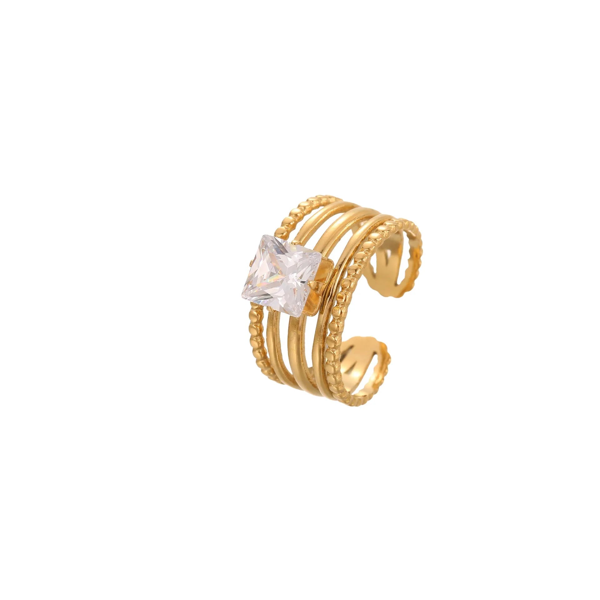 Gold inlaid zircon stainless steel ring with geometric designs and adjustable open-mouth construction