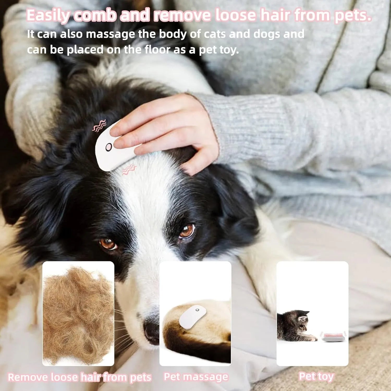 Handheld pink and white electric pet massage brush for cats and dogs on a table.