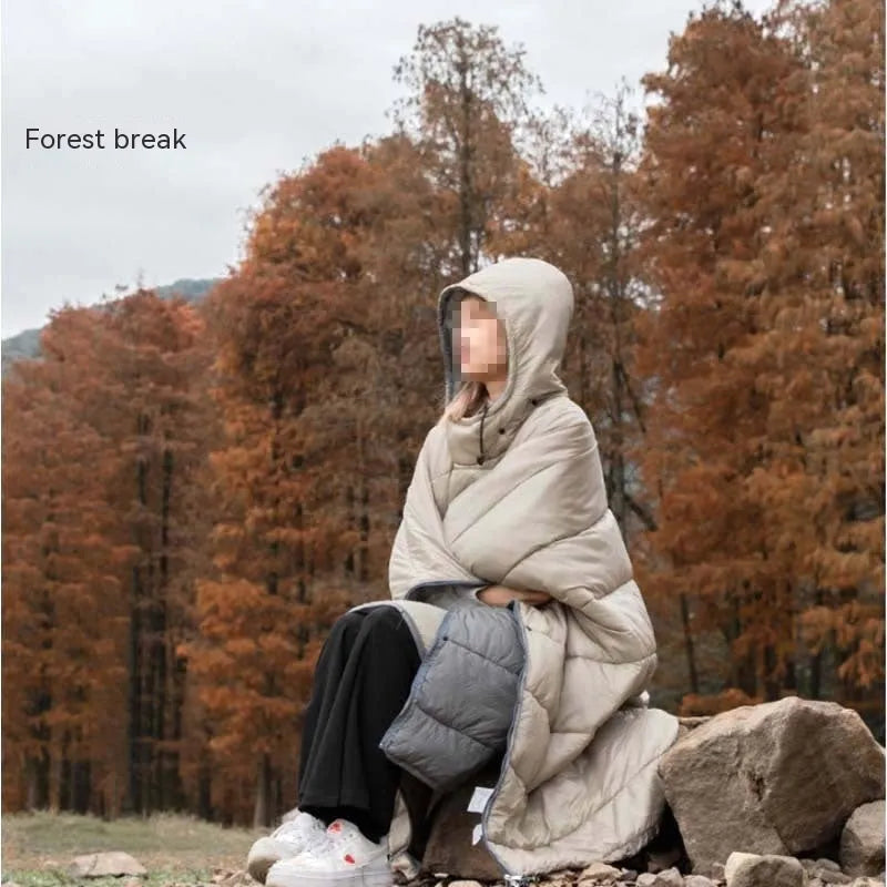 Army Green outdoor cloak sleeping bag with 200x140cm dimensions shown in convertible format