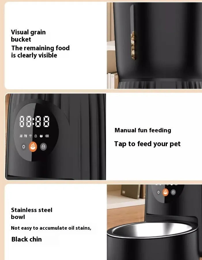 Black intelligent pet feeder with LCD screen showing feeding schedule and portion settings