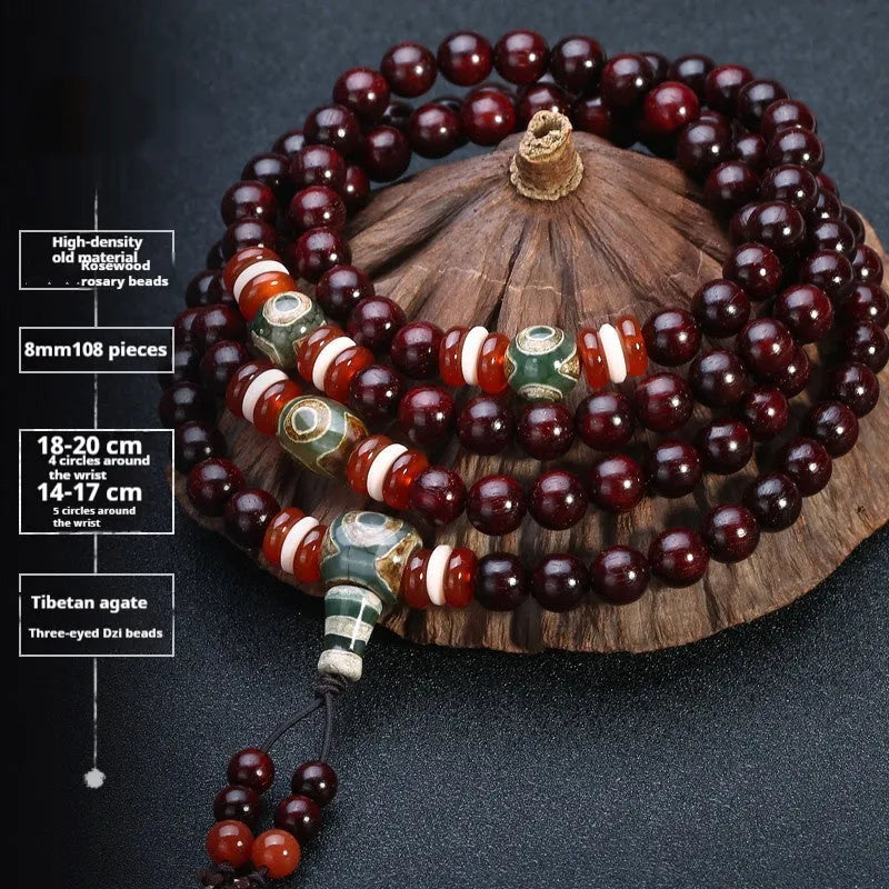 Men's rosewood 108 bead mala bracelet with a turquoise gemstone decorative centrepiece.