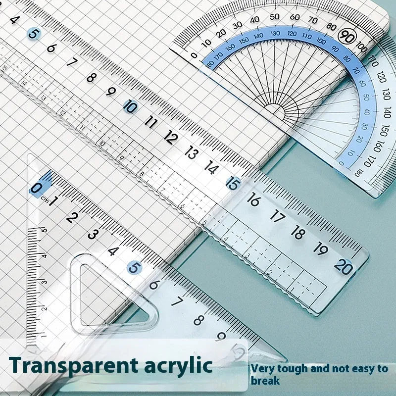 Youpai transparent acrylic ruler and square protractor set on a technical drawing.