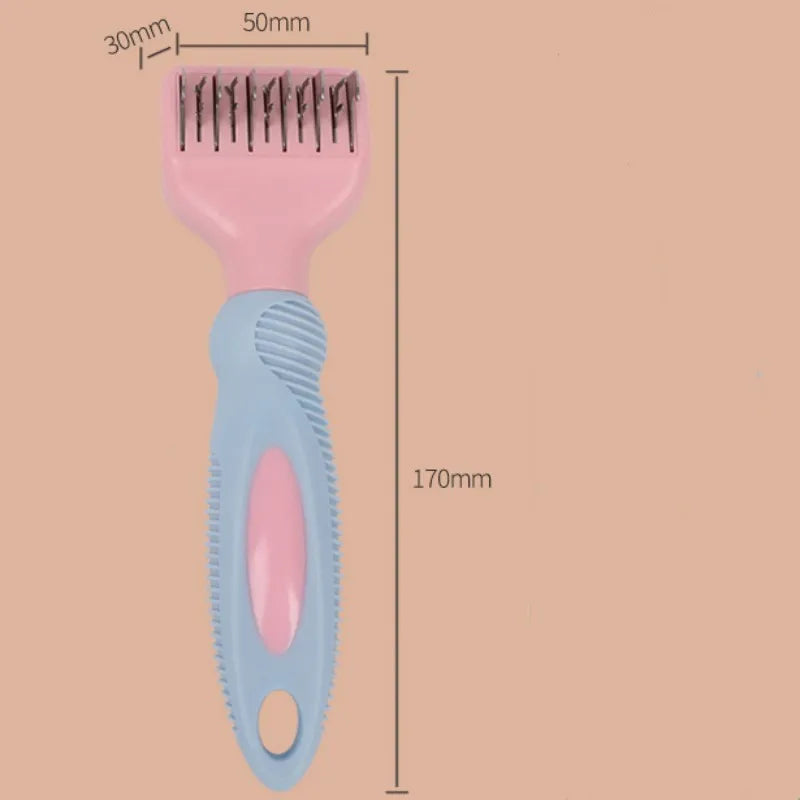 Stainless steel pet grooming comb with integrated knot knife, shown in pink and purple colour options.
