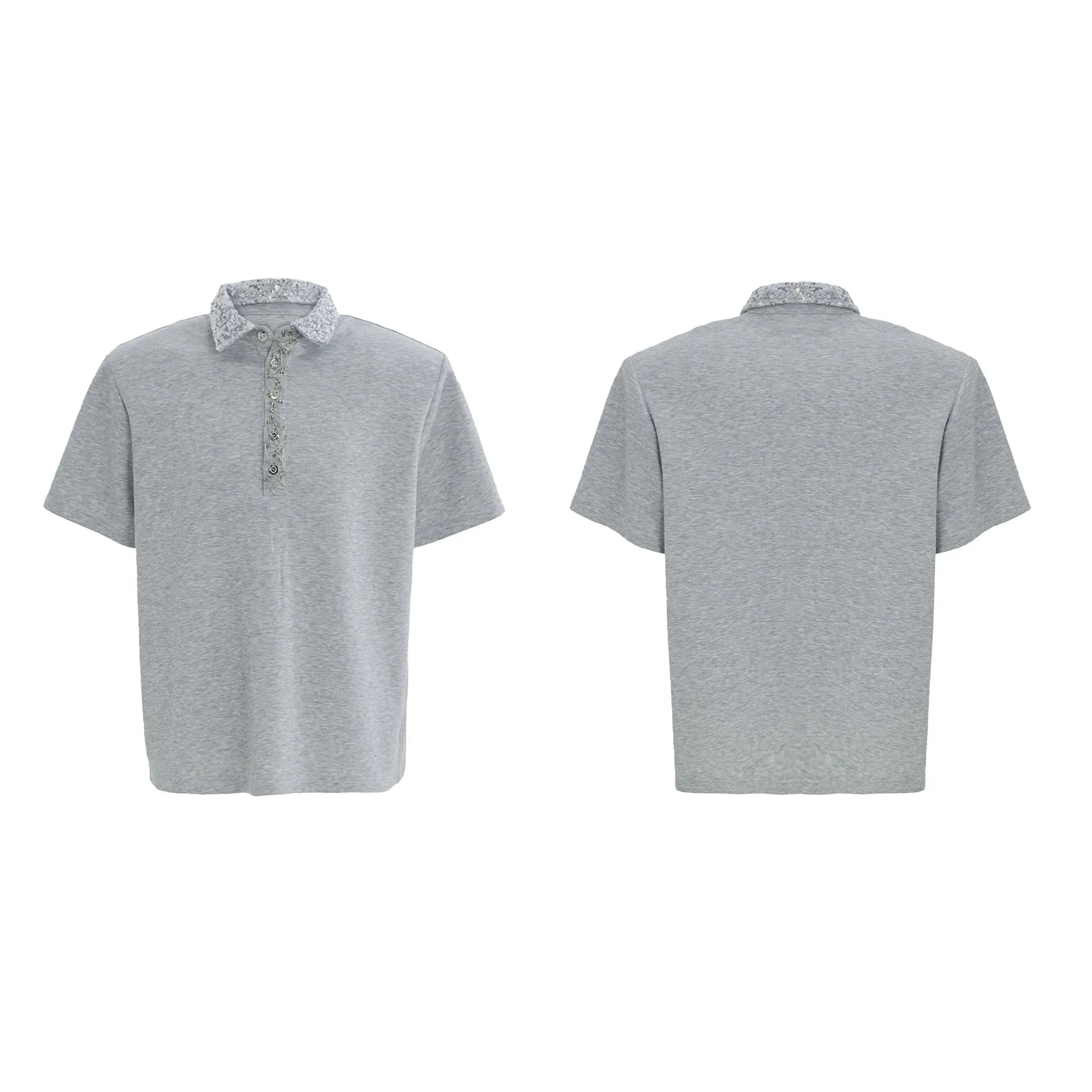 Men's loose fit polo t-shirt with embroidery and sequins on square collar and short sleeves