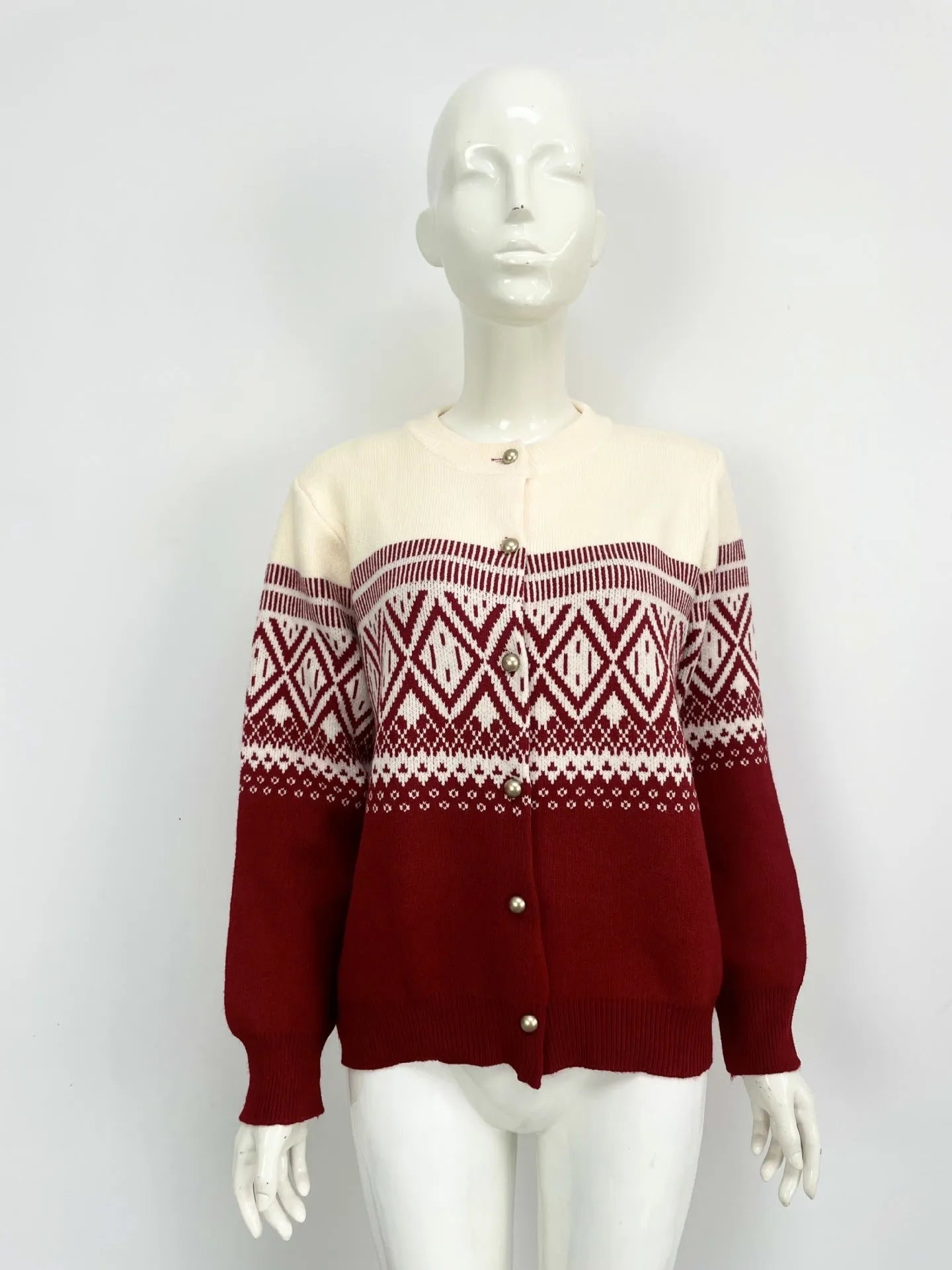 Women's red alpaca wool cardigan with diamond pattern and long sleeves