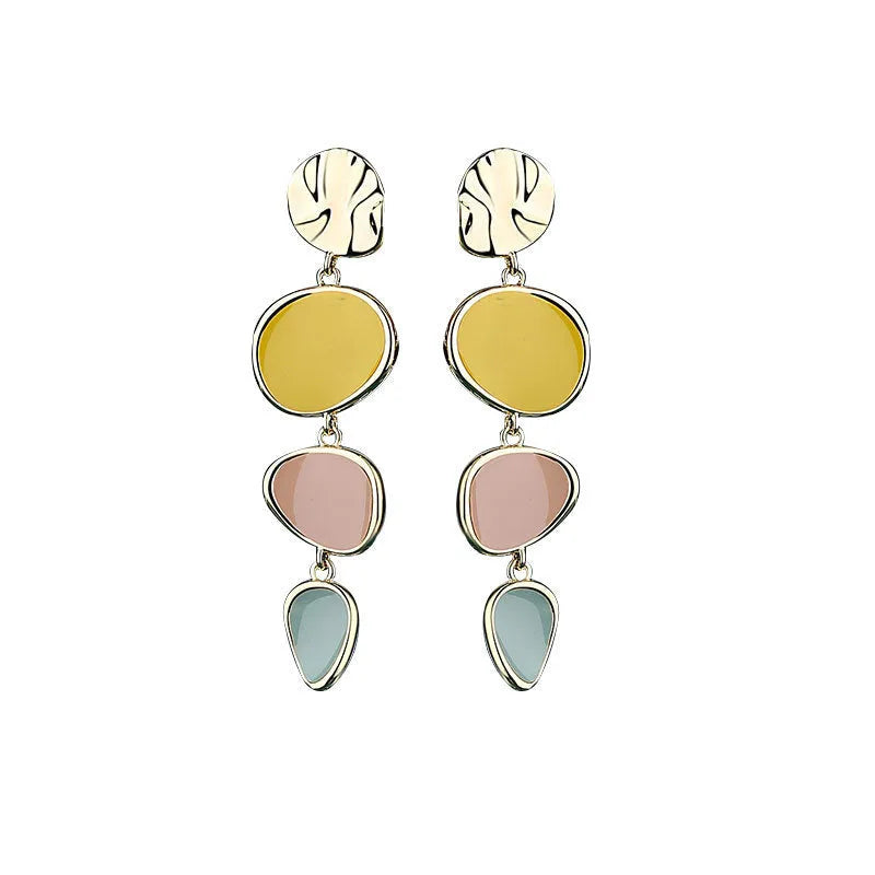 Pair of simple alloy disc earrings with a Morandi three-colour oil drip finish and sterling silver posts.