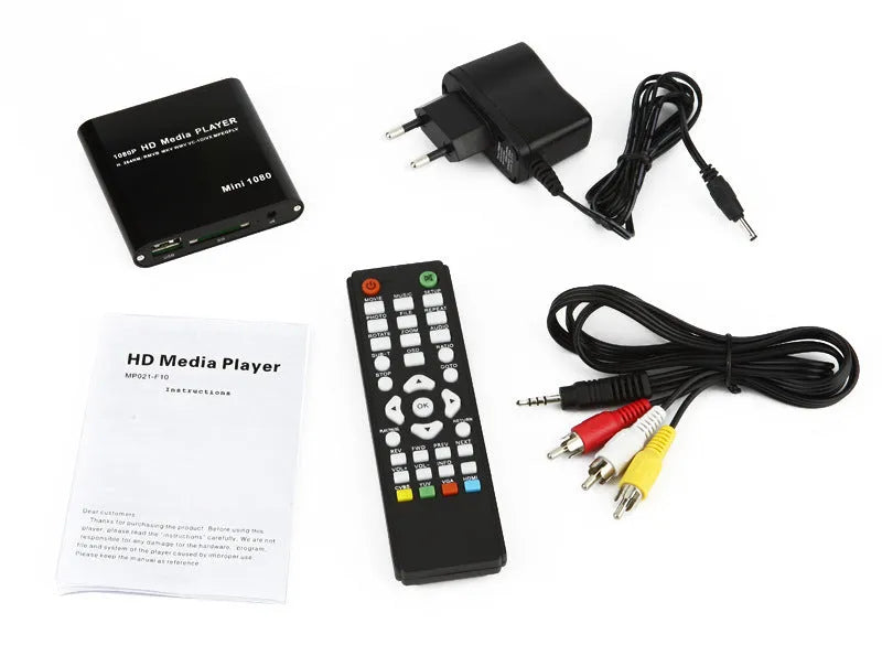 Blue 1080p HDMI media player with USB and SD card slots on compact all-metal chassis