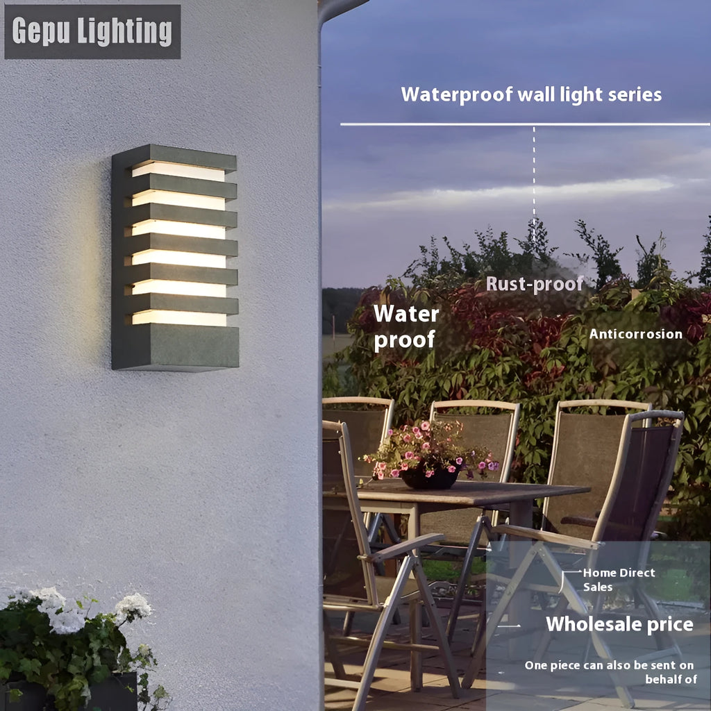 Modern minimalist outdoor wall lamp with aluminium shell, shown mounted on an exterior wall.
