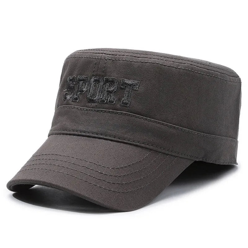 Men's adjustable cotton peaked cap in army green with dome crown and English letter detail
