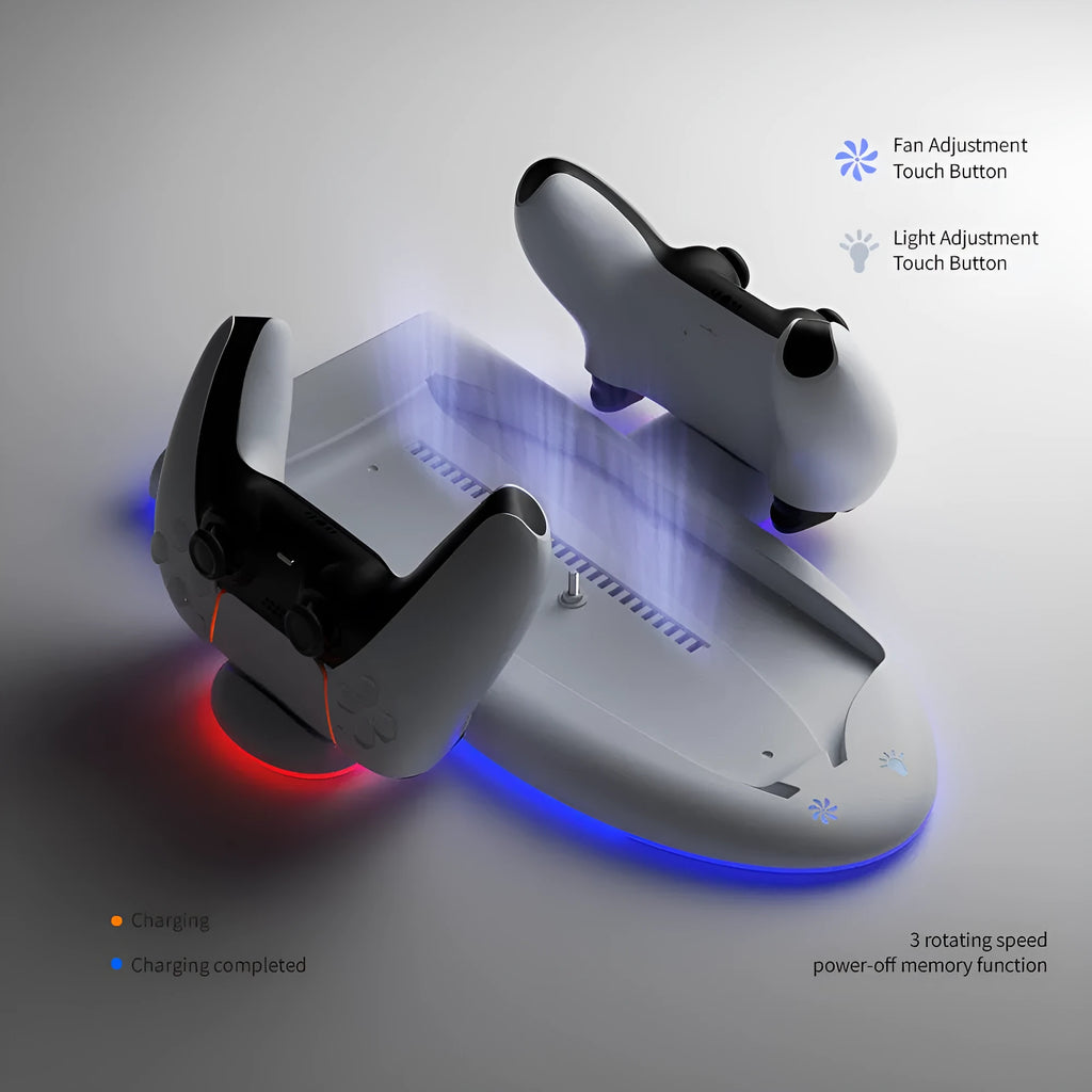White PS5 Slim multifunction charging base with cooler fan and RGB ambient lighting.