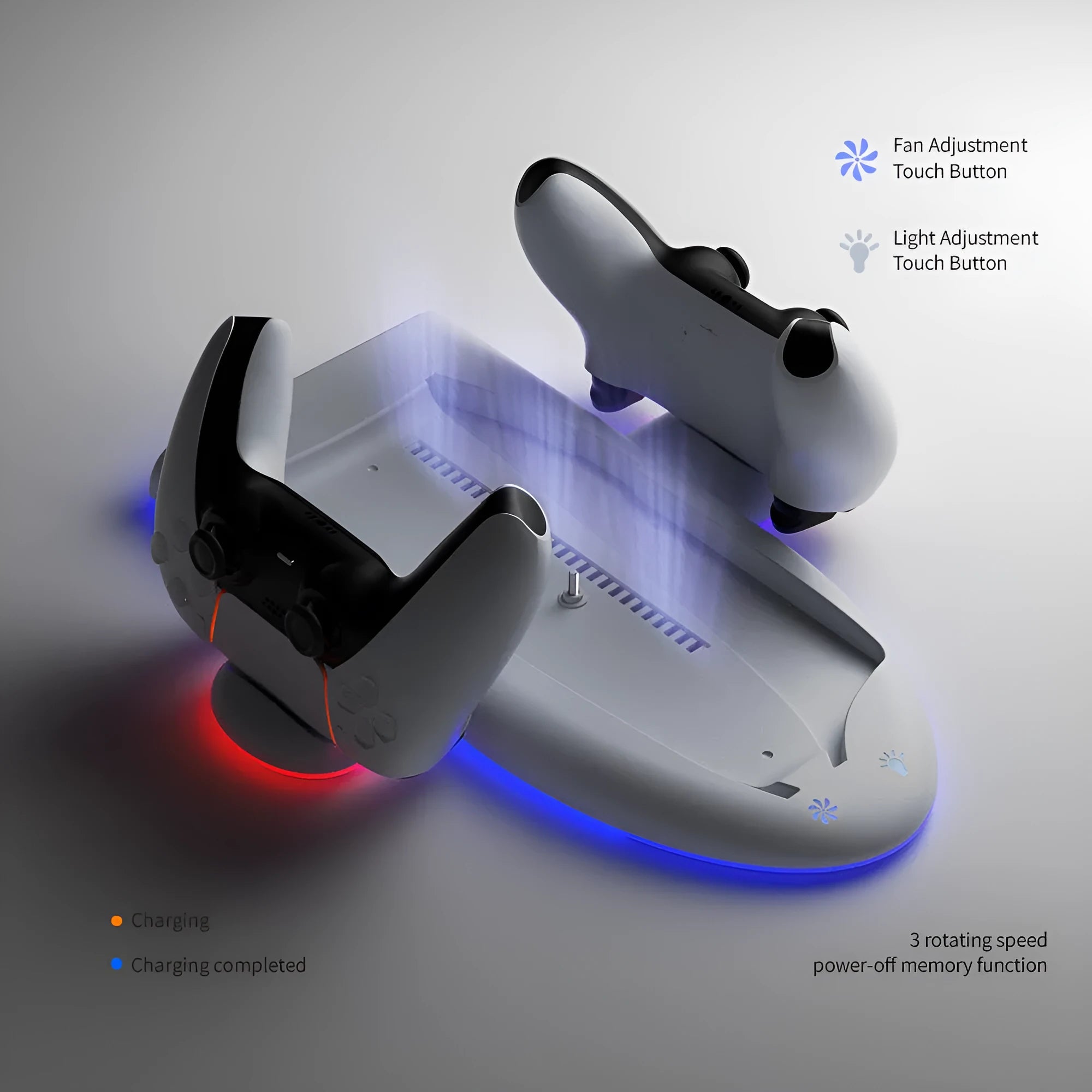 White PS5 Slim multifunction charging base with cooler fan and RGB ambient lighting.