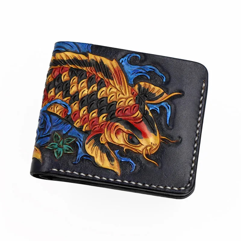Men's hand-carved cow leather short wallet in red, blue, or gold colour, showing open closure design.
