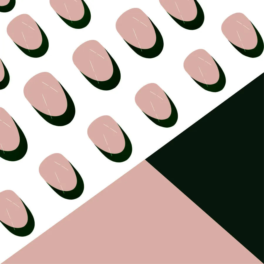 Short almond shaped false nails with black French tips, set of 24 pieces laid out.