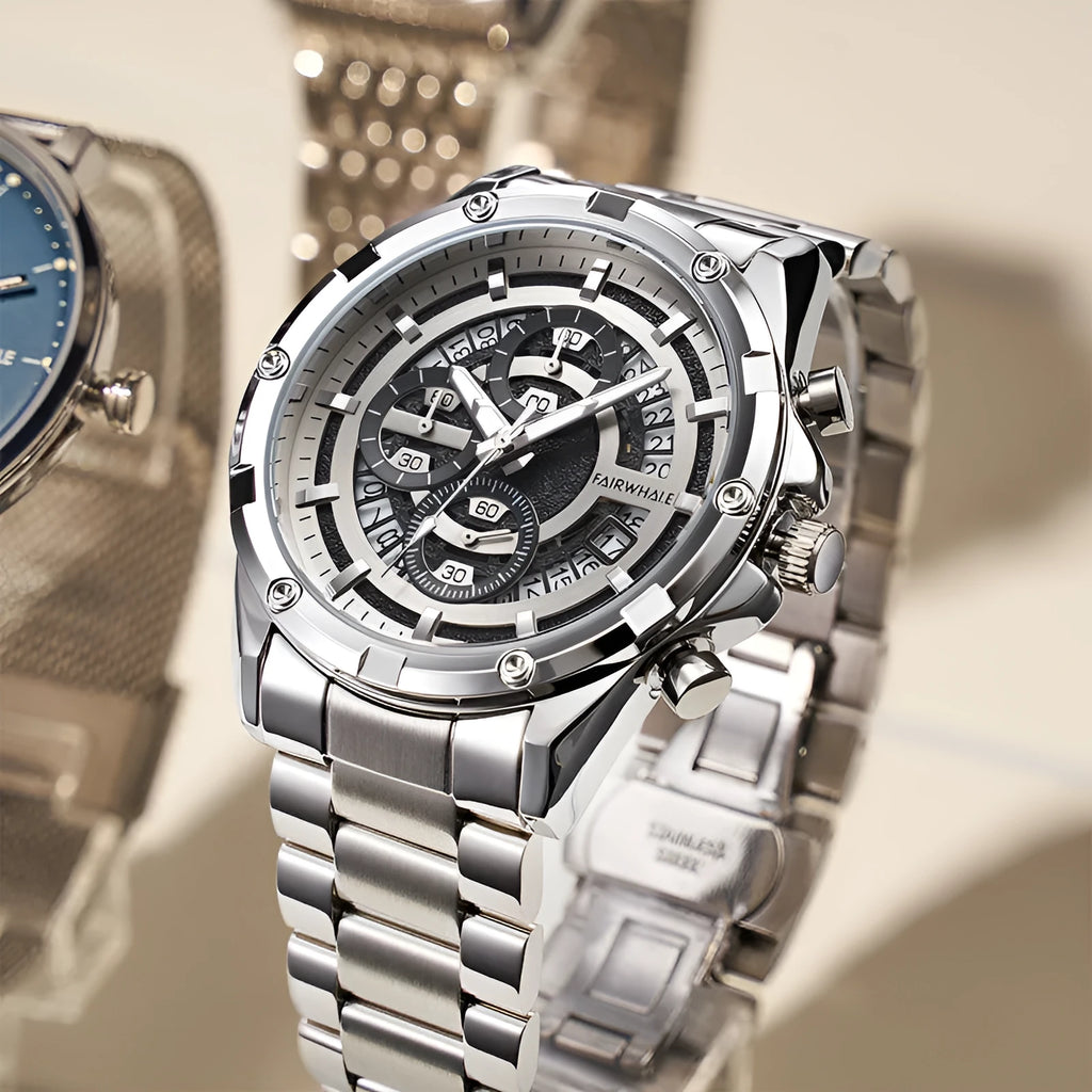 Men's waterproof quartz watch with steel belt and luminous dial in black gold or silver finish