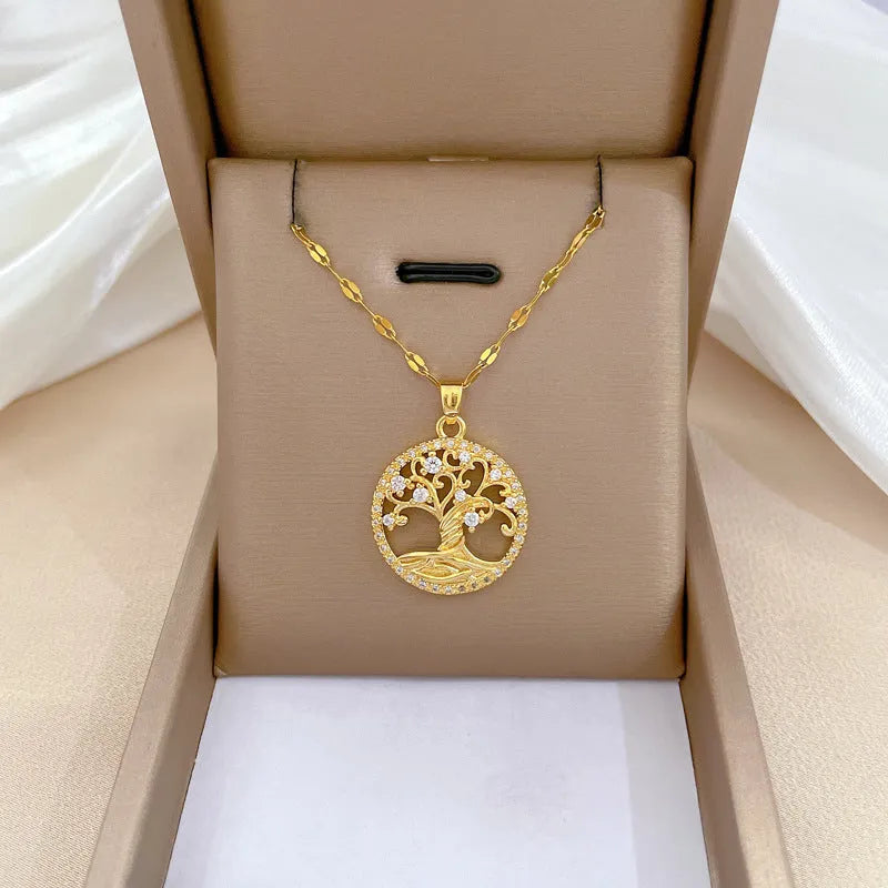 Gold electroplated rhinestone lucky tree light cross necklace with mother pearl shellfish pendant on adjustable stainless steel chain