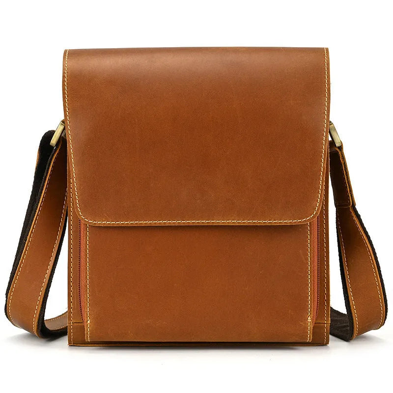 Men's brown leather crossbody shoulder bag with retro styling and sewing detail accents