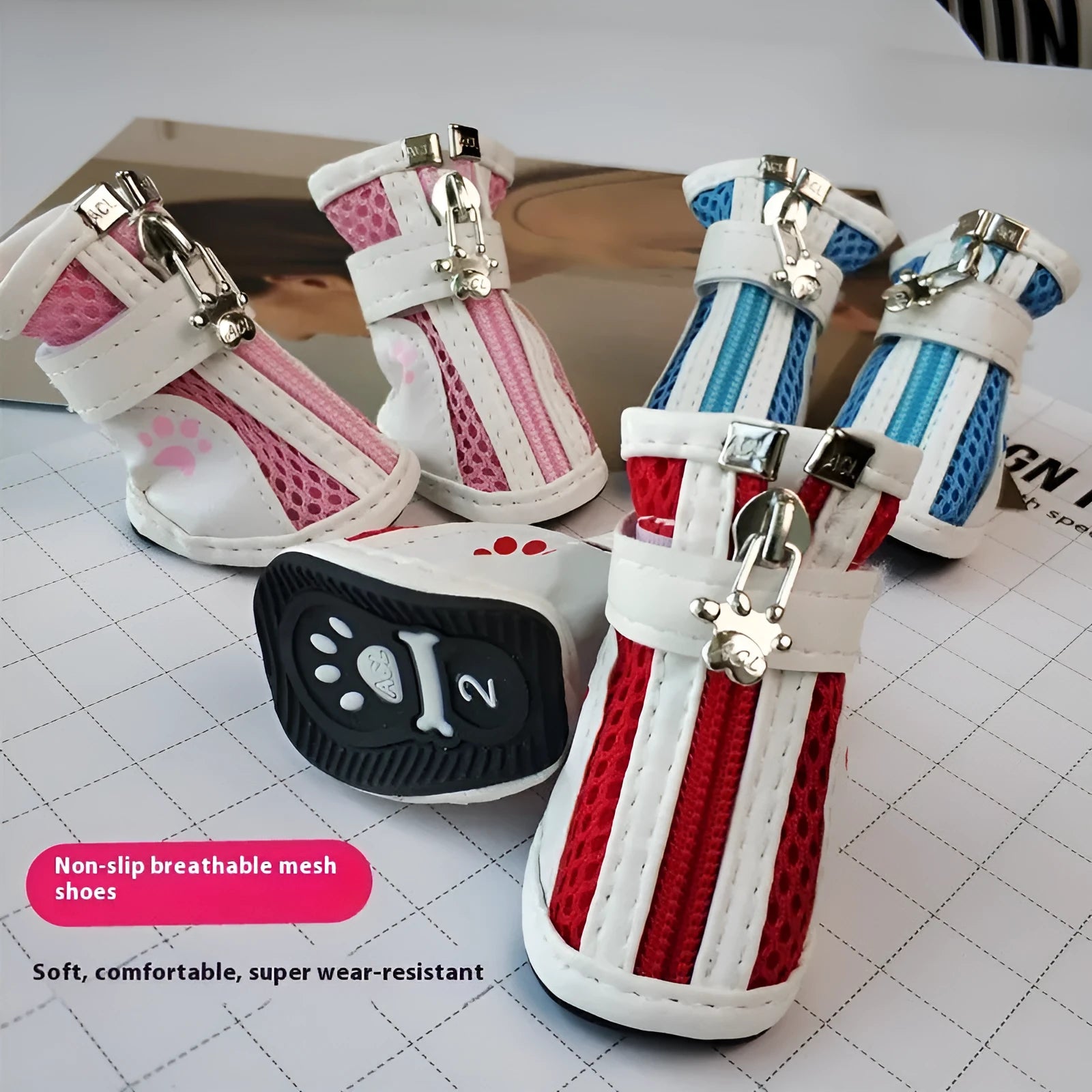 Set of four pairs of blue cloth dog sneakers with a side zipper for small breeds.