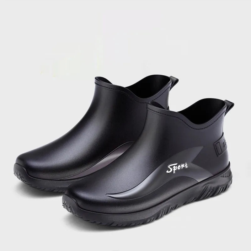 Men's short casual rubber boots in beige with a flat non-slip sole, shown on a plain background.