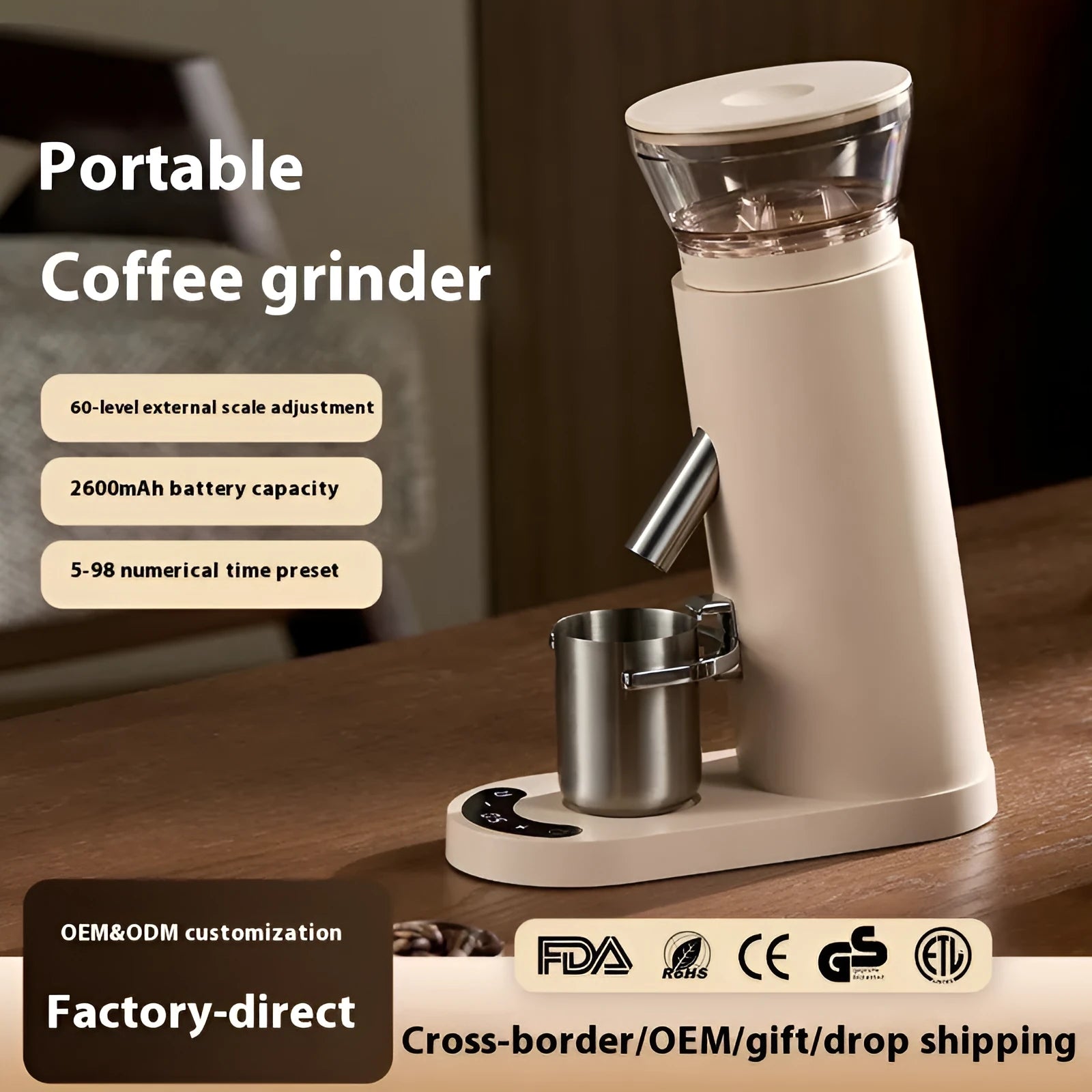 Electric coffee grinder with stainless steel body and 0.5L reservoir capacity