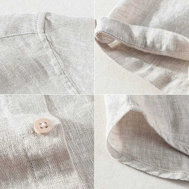 Casual linen shirt with a square collar and short sleeves in raw jute colour.