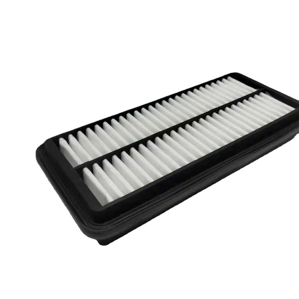 Black polymer car air filter for Hyundai vehicles measuring 256mm x 113mm x 40mm