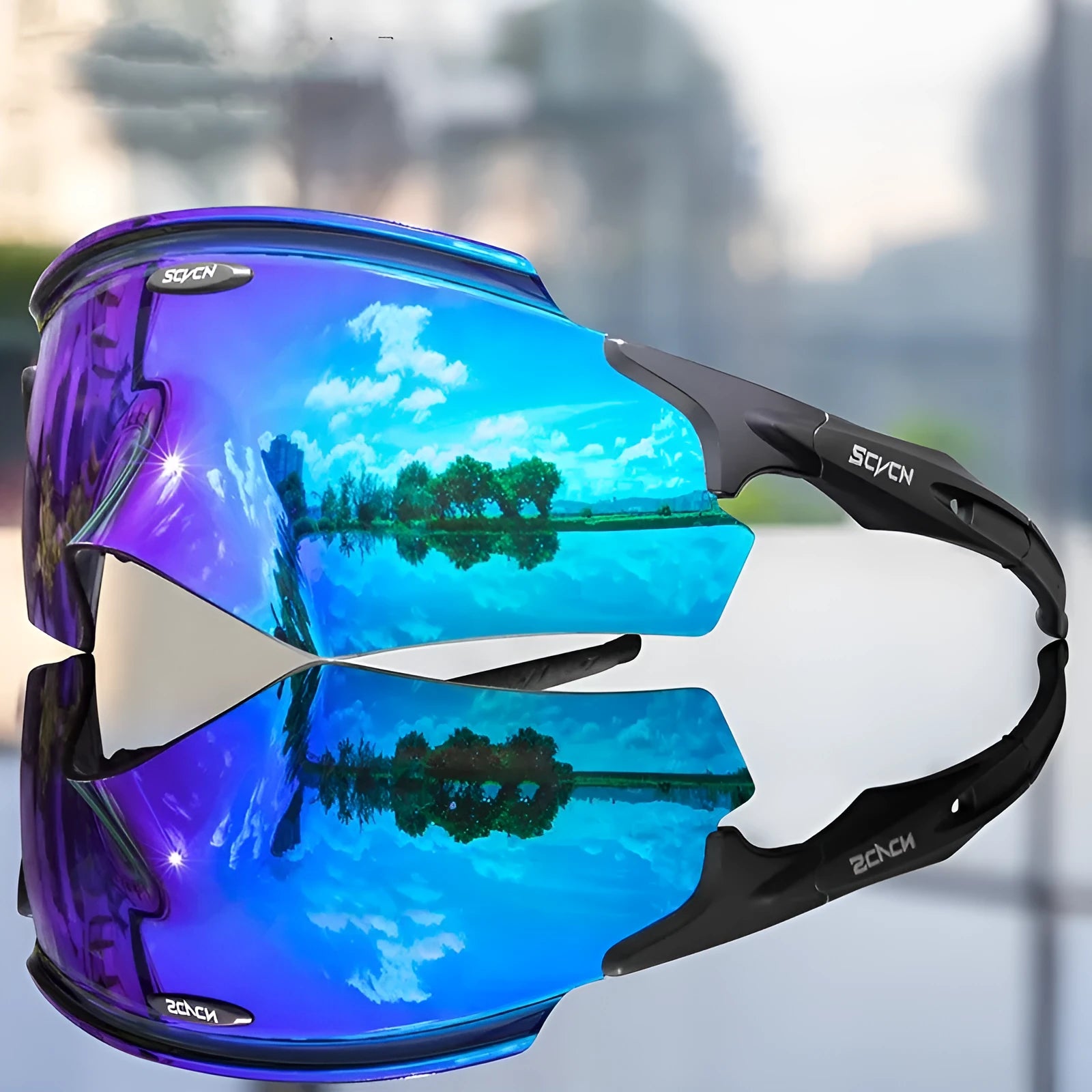TR frameless windproof sports goggles with a colourful integrated lens, shown in multiple style colours.