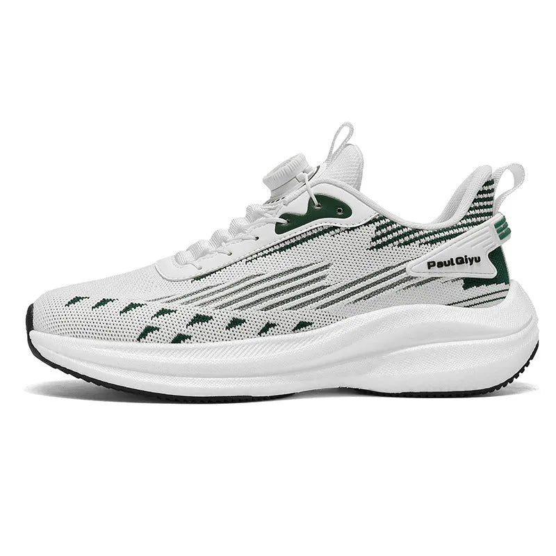 Men's white-green rotating buckle Fly-kit mesh casual running shoes with low-top flat heel design